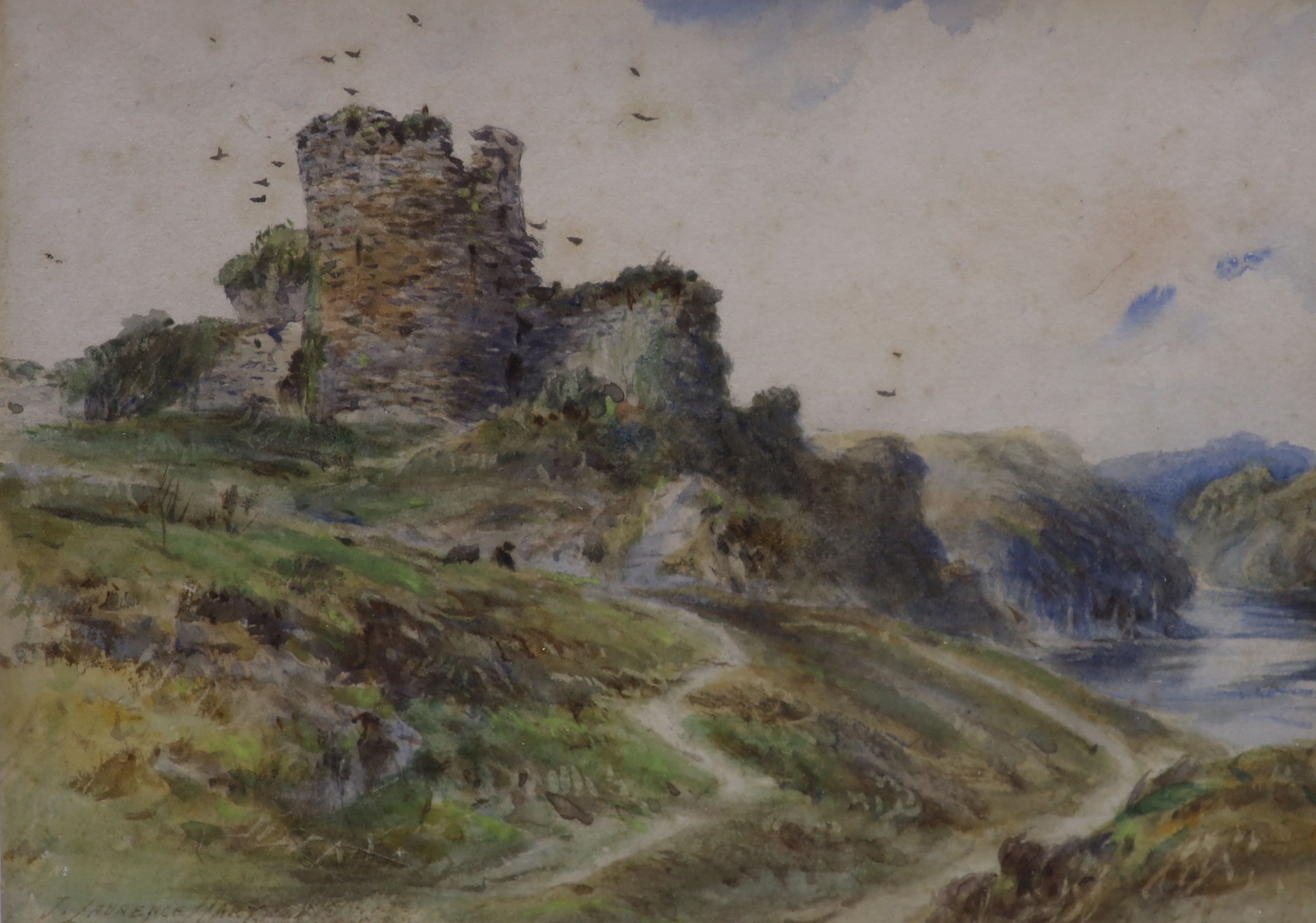 J. Laurence Hart (Exh.1882-1906), watercolour, Birds beside castle ruins, signed, 15 x 20cm